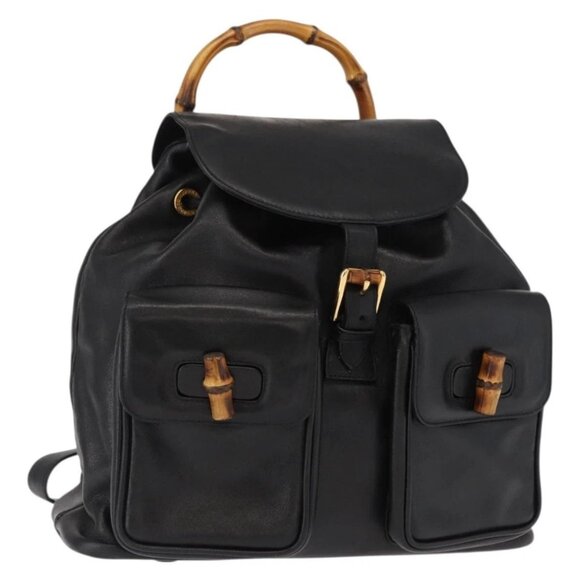 GUCCI Bamboo Backpack Leather Black Gold 003 2058 0016 Auth kk594 main image 13